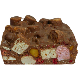 An image of Rocky Road with Raspberry, Macadamia, and Milk Chocolate. 