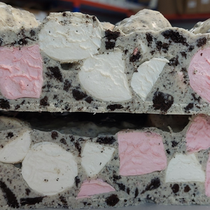 A slab of Rocky Road Oreo cookies and cream in White Chocolate.