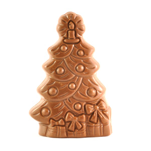 Introducing Poppy's Chocolate's Christmas Tree - Milk Chocolate, a delicious treat shaped like a Christmas tree and adorned with festive round ornaments and a candle on top. This gluten-free chocolate is beautifully embellished with bows and gift designs at its base, making it the perfect addition to your holiday chocolates collection.