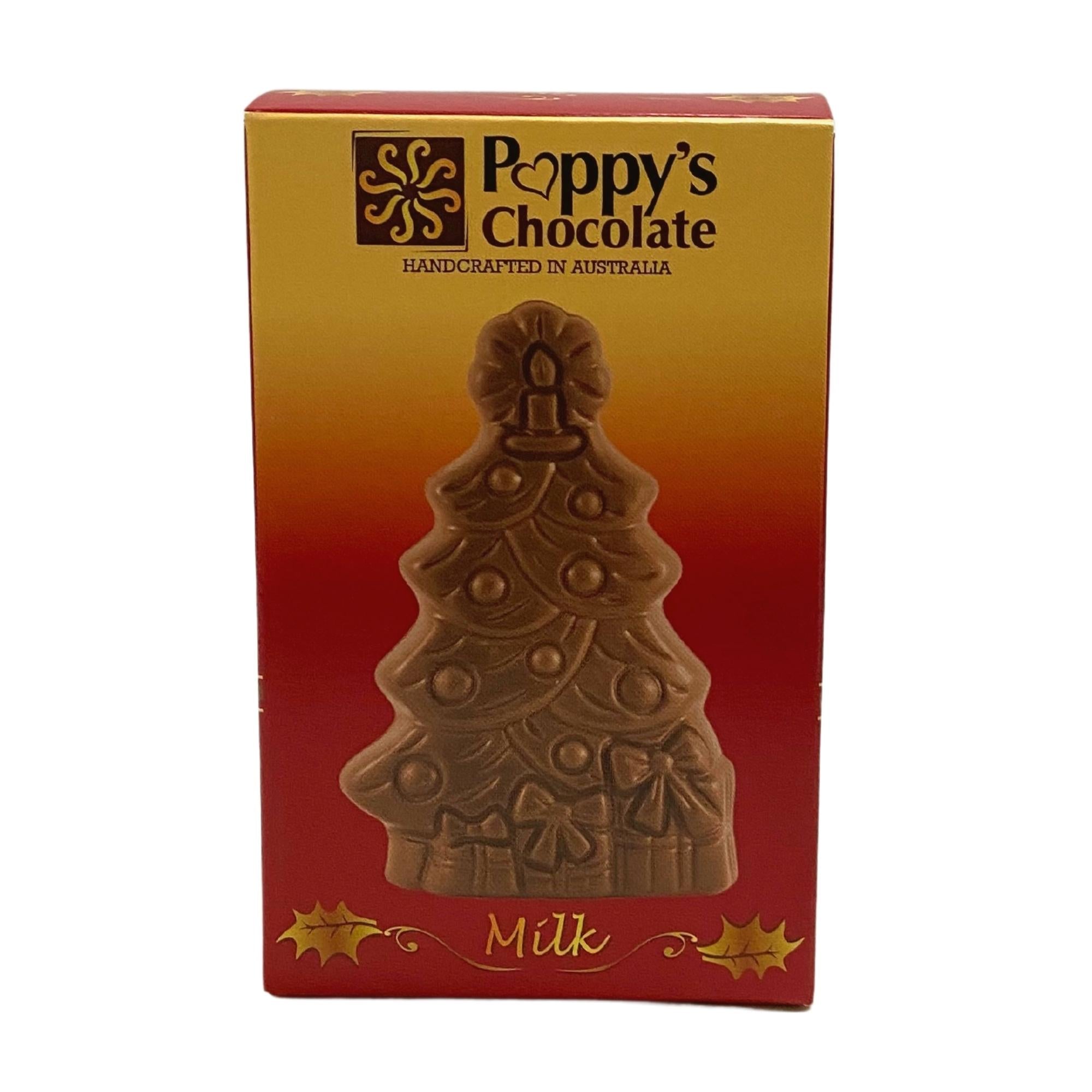 A milk chocolate Christmas tree, festooned with bows and ornaments, is beautifully presented in front of a vibrant box from Poppy's Chocolate. With its gluten-free certification and handcrafted quality from Australia, this Christmas Tree - Milk Chocolate is an ideal addition to any Christmas chocolates collection.