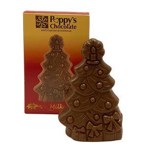 A milk chocolate Christmas tree, festooned with bows and ornaments, is beautifully presented in front of a vibrant box from Poppy's Chocolate. With its gluten-free certification and handcrafted quality from Australia, this Christmas Tree - Milk Chocolate is an ideal addition to any Christmas chocolates collection.